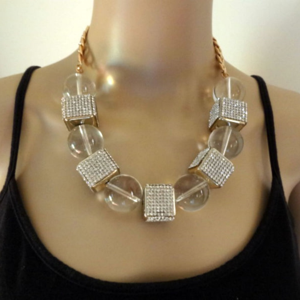 QUEEN CROWN SIGNED POOLS LIGHT RHINESTONE NECKLACE